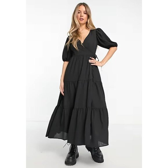 ASOS DESIGN Curve Wrap-Front Tiered Smock Midaxi Dress in Black - Size 18 - Picture 12 of 12